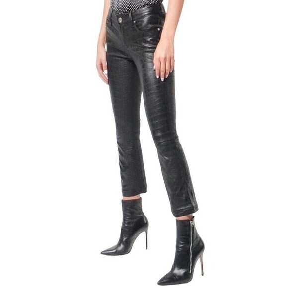 RtA Kiki Lambskin Leather Crop Flare Pants Crocodile Black Women’s Size 24 - Picture 1 of 14